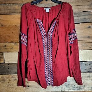 Lucky Brand Embroidered Detailed Tunic Red Long Sleeve Red Shirt size Small‎